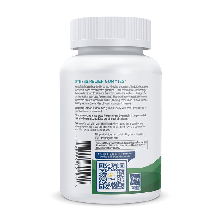 A bottle of Nordic Naturals Stress Relief Gummies, containing vitamins C and D3, displays its back label with product details, instructions, and a QR code. The white bottle with a matching cap is set against a plain white backdrop.