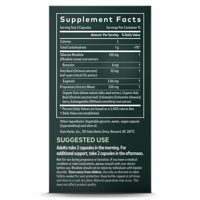 Image of Gaia Herbs Stress Response supplement label for a bottle with 15 servings (2 capsules per serving), featuring adaptogenic herbs like Siberian Rhodiola and Holy Basil. Suggested use: take 2 capsules in the morning for stress support.
