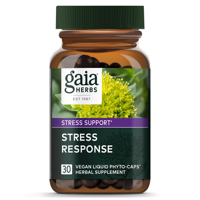 Gaia Herbs Stress Response bottle, with a clear label in green and purple, highlights Stress Support and Vegan Liquid Phyto-Caps Herbal Supplement. This stress relief product includes 30 capsules of adaptogenic herbs.