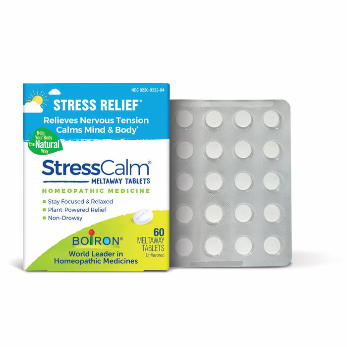 Boirons StressCalm offers a box of 60 unflavored meltaway tablets in a blister pack, providing plant-powered homeopathic stress relief that calms the mind and body without drowsiness.