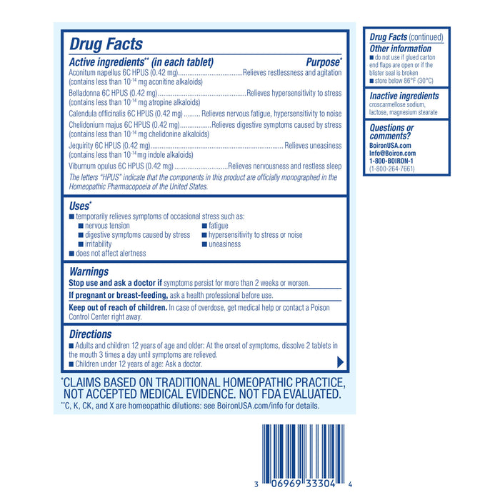 The image shows StressCalms Drug Facts label by Boiron, a non-drowsy homeopathic remedy. It lists active ingredients, uses, warnings, and storage directions. A contact number is provided for customer inquiries. The white background with blue text emphasizes its stress relief purpose.