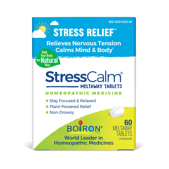 A box of StressCalm by Boiron, homeopathic medicine designed to relieve stress and calm mind and body. Offers non-drowsy, plant-powered relief with 60 unflavored tablets. Features a blue and green design.