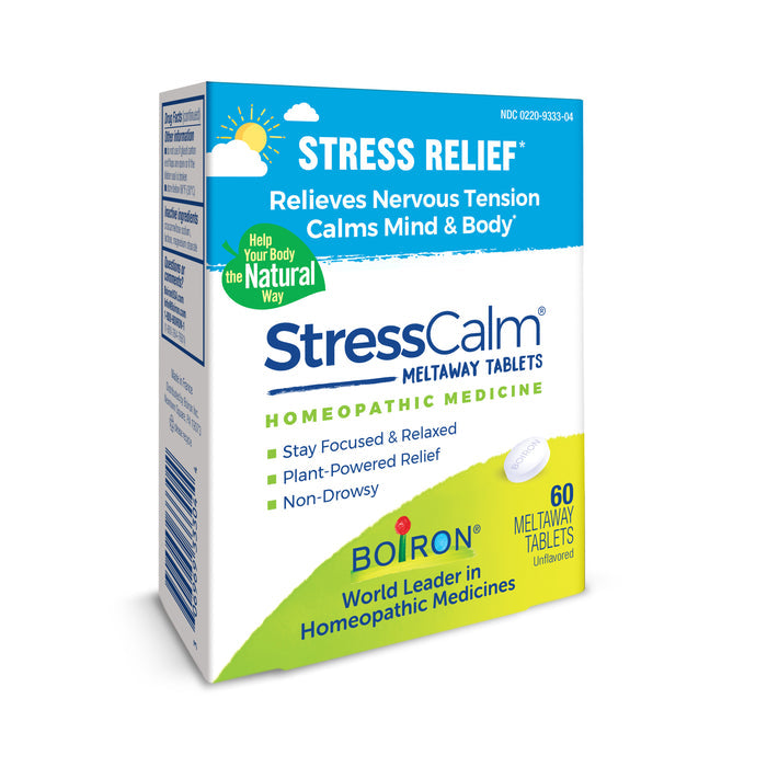 Photo of Boiron StressCalm, a homeopathic remedy featuring a plant-powered, non-drowsy formula to ease nervous tension. The box contains 60 tablets intended to promote stress relief and calmness for mind and body.