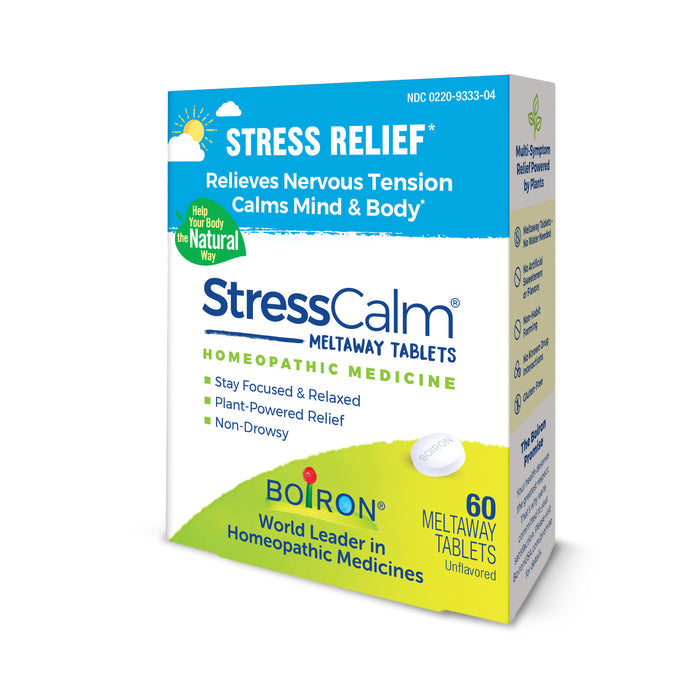 The Boiron StressCalm Meltaway Tablets box highlights the homeopathic benefits of stress relief by reducing nervous tension and calming the mind and body. The product includes 60 plant-based, non-drowsy tablets for natural tranquility.