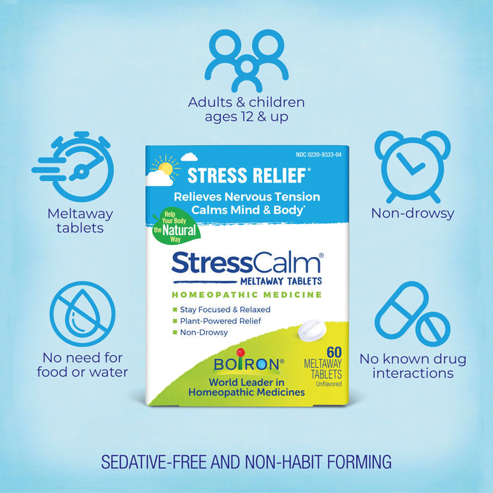 Image of a box of StressCalm Meltaway Tablets by Boiron used for relieving nervous tension and calming the mind and body. The box includes 60 unflavored tablets. Features include no need for food or water, being non-drowsy, having no known drug interactions, and suitability for adults and children ages 12 and up. The product is sedative-free and non-habit forming. Text and icons highlight these benefits.