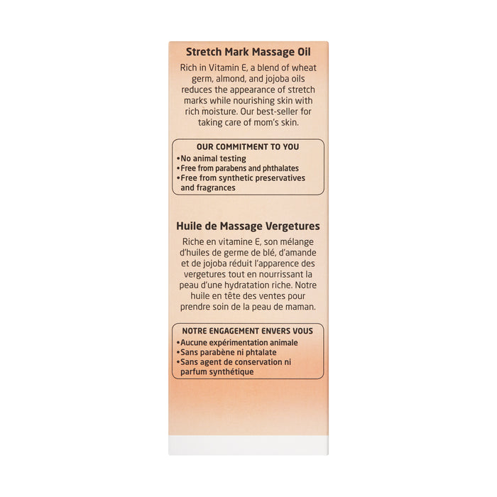 Weledas Stretch Mark Massage Oil box highlights ingredients like wheat germ and almond oil, emphasizes skin benefits, and ensures no animal testing or synthetic additives. Ideal for pregnancy skincare, the text is in both English and French to attract a wide audience.