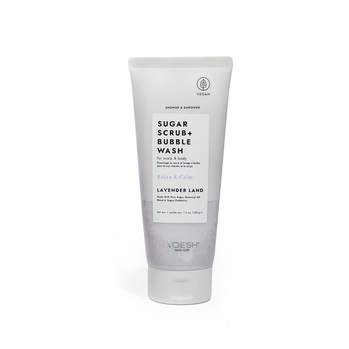 A white tube of VOESH New Yorks Sugar Scrub + Bubble Wash - For Scalp and Body in Lavender Land features lavender and eucalyptus scents, emphasizing Relax & Calm and Vegan on the label, with minimalist packaging.