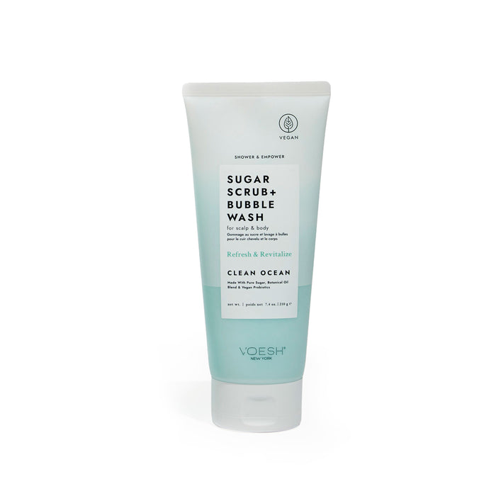 A tube of VOESH New York Sugar Scrub + Bubble Wash for scalp and body in light blue packaging highlights its vegan probiotics and refresh & revitalize benefits, complemented by the invigorating Clean Ocean scent.