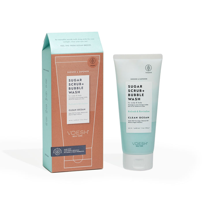 VOESH New Yorks Sugar Scrub + Bubble Wash for Scalp and Body comes in teal and white packaging with Clean Ocean and Refresh & Revitalize. Enriched with Vegan Probiotics, its vegan, paraben-free, and cruelty-free.
