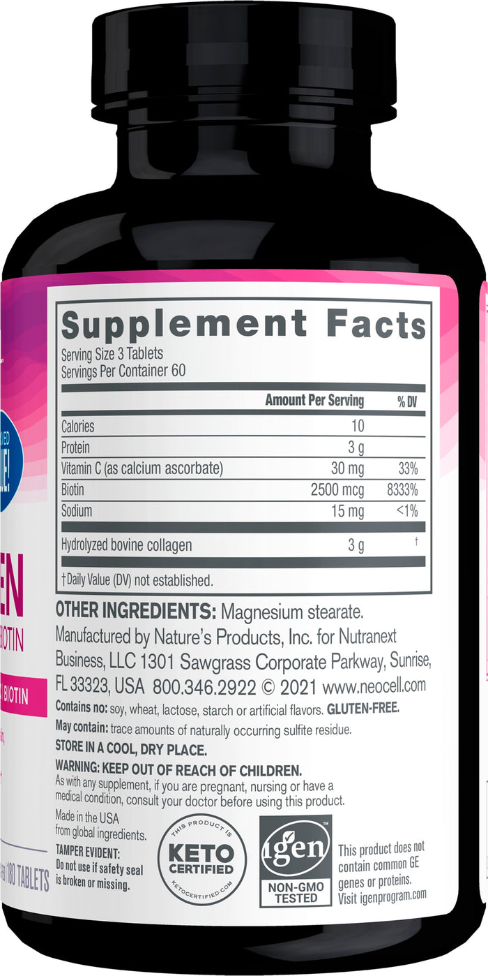 A bottle of NeoCells Super Collagen + C & Biotin details key features: three tablets per serving, enriched with vitamin C and biotin, keto-certified, gluten-free, and non-GMO. For inquiries, contact Natures Products, LLC.
