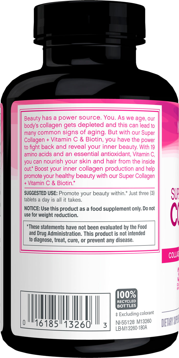 A pink and black bottle of NeoCells Super Collagen + C & Biotin features collagen benefits, usage instructions, barcodes, and recycling details.