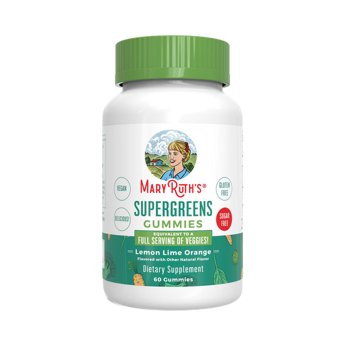 A white bottle of MaryRuth’s Super Greens Gummies with a green cap, lemon lime orange flavor, gluten free, sugar free, delicious, containing 60 vegan gummies with Quercetin.