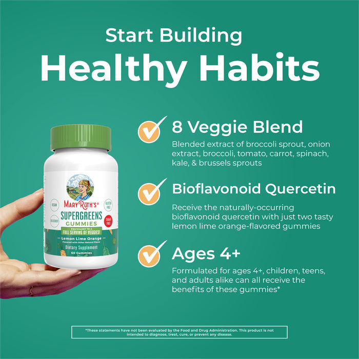 A hand holds a bottle of MaryRuths Super Greens Gummies next to text showcasing an 8-veggie blend, bioflavonoid quercetin, and suitability for ages 4+, all set against a green background.