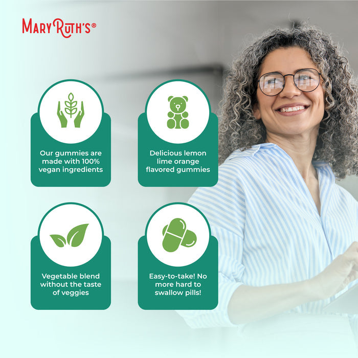 A smiling woman wearing glasses stands beside four icons describing MaryRuth’s Super Greens Gummies: bioflavonoid-rich ingredients, lemon-lime-orange flavor, veggie blend with no veggie taste, and easy-to-take gummies instead of pills.