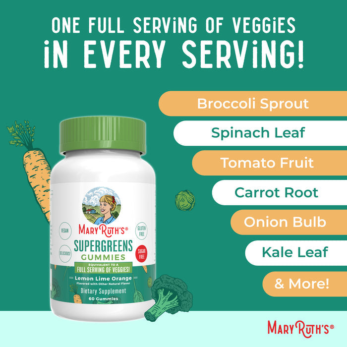 A bottle of MaryRuths Super Greens Gummies appears with illustrated veggies and text: One full serving of veggies in every serving! Ingredients shown include quercetin, broccoli sprout, spinach leaf, carrot root, and more.
