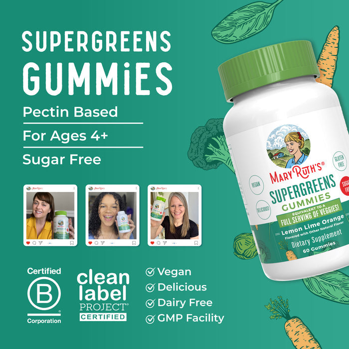 A promotional graphic for MaryRuths Super Greens Gummies features a gummy bottle and highlights: pectin-based, for ages 4+, sugar-free, dairy-free, lemon-lime orange flavor, and made in a GMP certified facility.