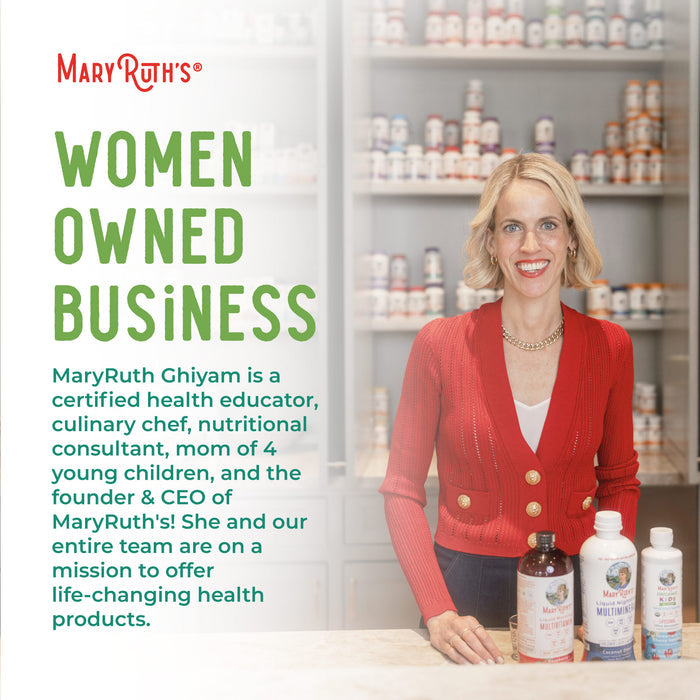 A smiling woman in a red cardigan stands behind a counter with health products, such as MaryRuths Super Greens Gummies. Text introduces her as MaryRuth Ghiyam, founder & CEO of MaryRuth’s, devoted to providing life-changing health products.