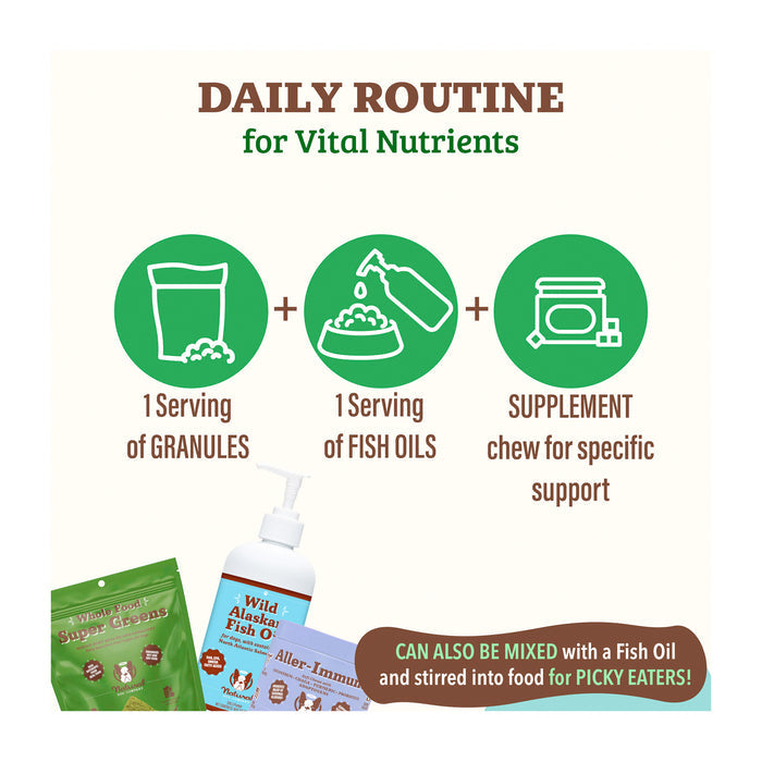 Infographic titled "Daily Routine for Vital Nutrients" showing: 1 serving of granules, 1 serving of fish oils, and a supplement chew for specific support. It also suggests mixing with fish oil for picky eaters. Packaging images included.