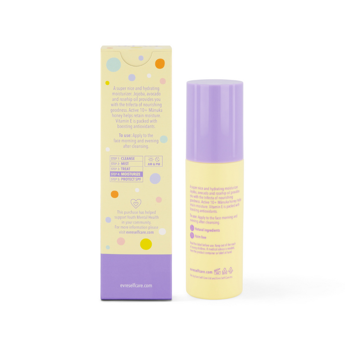 The evre. Super Nice Mānuka Honey & Vitamin E Face Moisturizer comes in a cylindrical bottle and box adorned in pastel yellow and lavender. It details usage instructions and benefits for nourishment, promising a soothing skincare experience.
