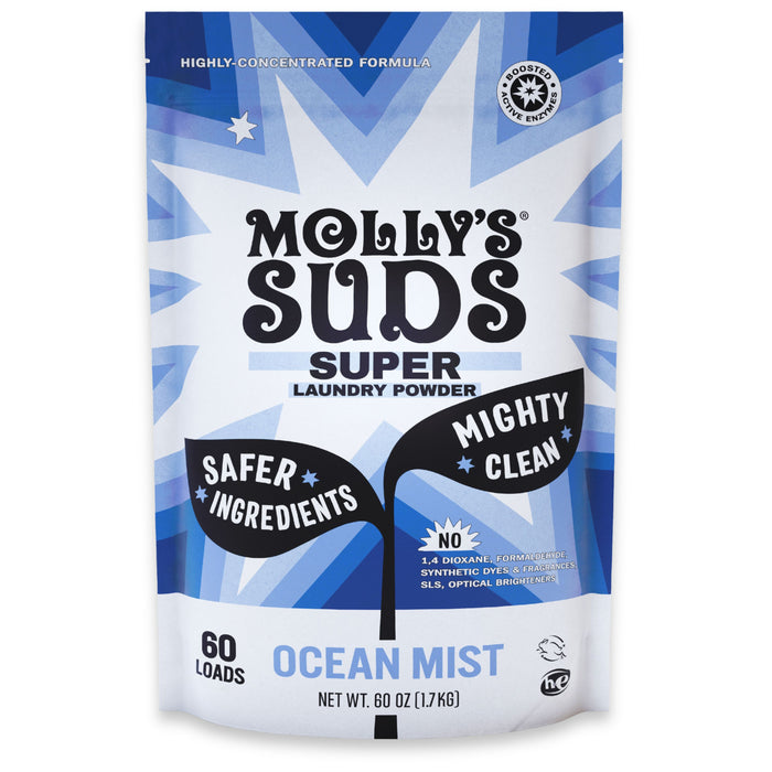 Molly's Suds Super Powder Laundry Detergent with Enzymes, Ocean Mist scent, 60 oz for 60 loads. Made for sensitive skin with safer ingredients—no SLS, synthetic dyes, or optical brighteners. Delivers a mighty clean.