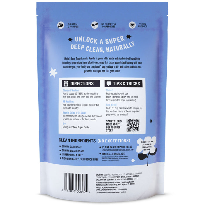 The back of Mollys Suds Super Powder package includes directions, tips, an ingredients list, and a QR code. It has a blue background with white text highlighting that its gentle on sensitive skin, cruelty-free, free from harsh chemicals, vegan-friendly, and made with natural ingredients for effective cleaning.