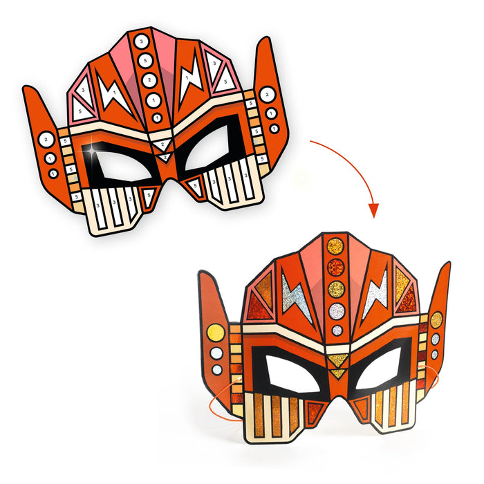The Super Robots DIY Craft Kit by DJECO features two geometric paper masks in orange and red, with eye cutouts. The top mask lays flat, while the bottom transforms into a 3D shape, using FSC® Certified Paper for a creative childrens activity.