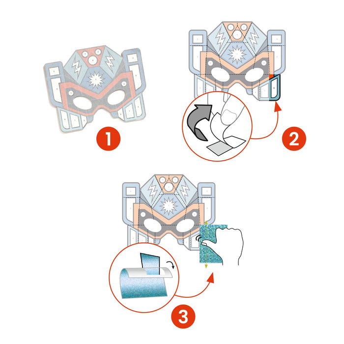 Illustration showing mask assembly: Step 1, lay mask flat. Step 2, fold mask along creases. Step 3, peel protective layer off adhesive strip and press to secure mask sides. Each step is depicted with a diagram and numbered in red circles.
