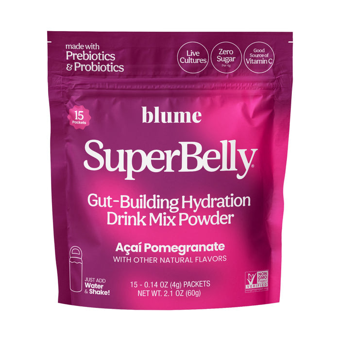A pink pouch labeled blume SuperBelly Probiotic Hydration Powder, Açaí Pomegranate. Highlights include prebiotics, probiotics, zero sugar, vitamin C, superfoods, and 15 packets per pack.