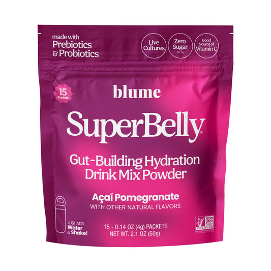 A pink pouch labeled blume SuperBelly Probiotic Hydration Powder, Açaí Pomegranate. Highlights include prebiotics, probiotics, zero sugar, vitamin C, superfoods, and 15 packets per pack.