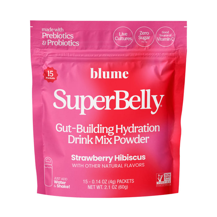 A pink pouch of blume SuperBelly Probiotic Hydration Powder in Strawberry Hibiscus, with superfoods, prebiotics, probiotics, live cultures, zero sugar, vitamin C, and 15 packets.
