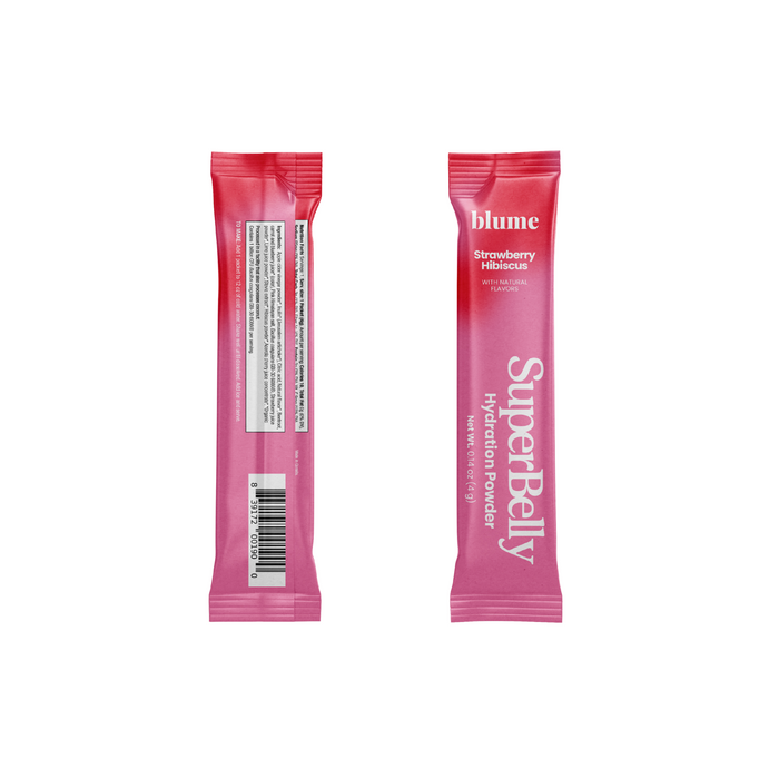 Two pink packets of blumes SuperBelly Probiotic Hydration Powder in strawberry hibiscus flavor. Infused with superfoods for gut health, one packet displays the brand name and flavor, while the other shows the back with a barcode and ingredients list.