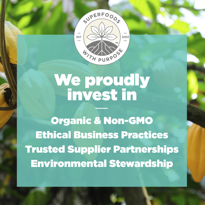 A graphic shows the "Superfoods With Purpose" logo above text on a green background, highlighting Organic & Non-GMO, Ethical Practices, and Environmental Stewardship. Navitas Organics Superfood + Chocolate Brownie BITES appear with cocoa pods and dark chocolate in the background.