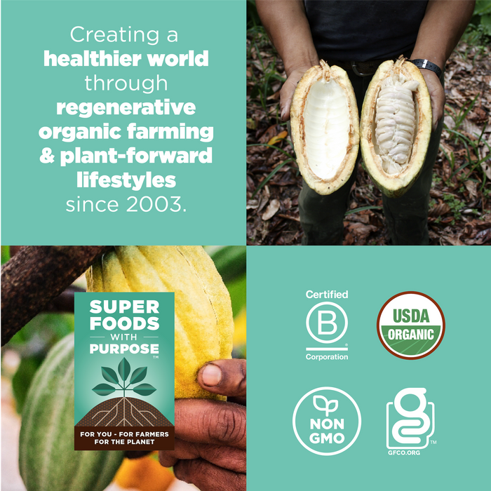 A collage featuring regenerative farming text, an open cacao pod, organic cacao in hand, the Navitas Organics Superfood + Chocolate Brownie BITES label, brownie bites imagery, and B Corp, USDA Organic, Non-GMO & GFCO certification logos.