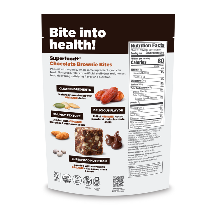 A package of Navitas Organics Superfood + Chocolate Brownie BITES displays nutrition facts, ingredients, and images of almonds, dark chocolate chips, and a brownie. Highlights include clean ingredients, organic cacao, and superfood nutrition.