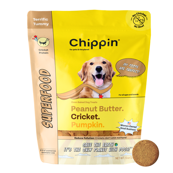 A Chippin dog treats bag shows a smiling dog with Superfood Cricket & Peanut Butter Dog Treats labeled for gut-health support. Features phrases like Terrific Tummy and Save the Earth, including a picture of one treat.