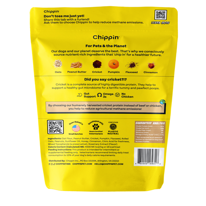 Chippins Superfood Cricket & Peanut Butter Dog Treats come in bright yellow packaging, featuring natural ingredients like oats, peanut butter, flaxseed, cinnamon, and gut-healthy cricket protein. Includes a QR code and recycling info.