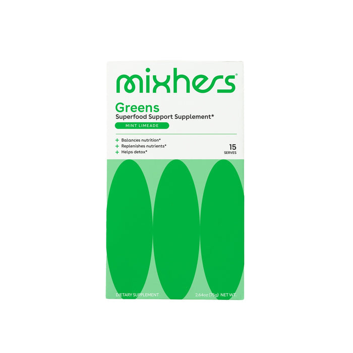 Mixhers Superfood Greens Supplement Powder, a nutrition supplement in mint limeade flavor, is designed to balance and replenish nutrients while enhancing detoxification pathways. It comes in a green and white box containing 15 servings.