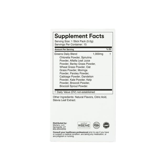 The image shows the back of a Mixhers Superfood Greens Supplement Powder pack labeled Supplement Facts, featuring 1,000 mg of chlorella, spirulina, and barley grass. Ideal for womens nutrition, it includes natural flavors and aids in detoxification.