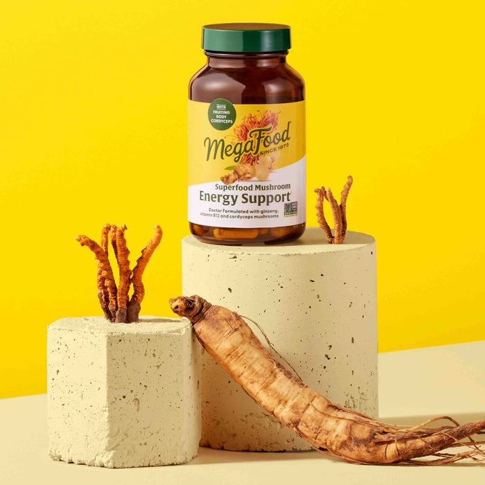 A bottle of MegaFoods Superfood Mushroom - Energy Support, infused with Cordyceps mushrooms, sits on a beige pedestal against a vibrant yellow backdrop. Nearby, two smaller blocks highlight delicate mushrooms and invigorating Panax Ginseng roots.