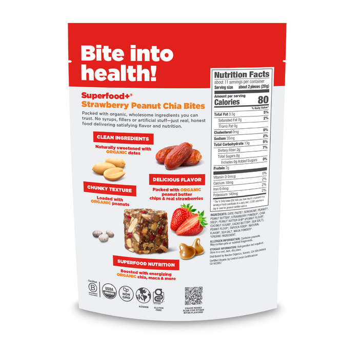 Back of a Navitas Organics Superfood+ Strawberry Peanut Chia BITES package, labeled "Bite into health!" Clean ingredients, chunky texture, and nutrition facts highlighted with strawberries and peanuts on the wrapper.