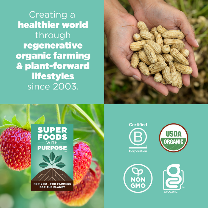 A vibrant collage for Navitas Organics Superfood+ Strawberry Peanut Chia BITES features regenerative organic farming, hands holding peanuts and strawberries, plus USDA Organic, Non-GMO, B Corp & GFCO logos—promoting plant-forward snacking since 2003.