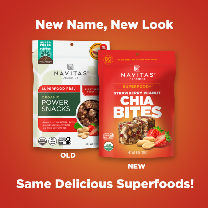 Two snack packages against a red background: on the left, Navitas Organics PB&J Power Snacks (old); on the right, Superfood+ Strawberry Peanut Chia BITES (new look). New Name, New Look, Same Delicious Superfoods!.