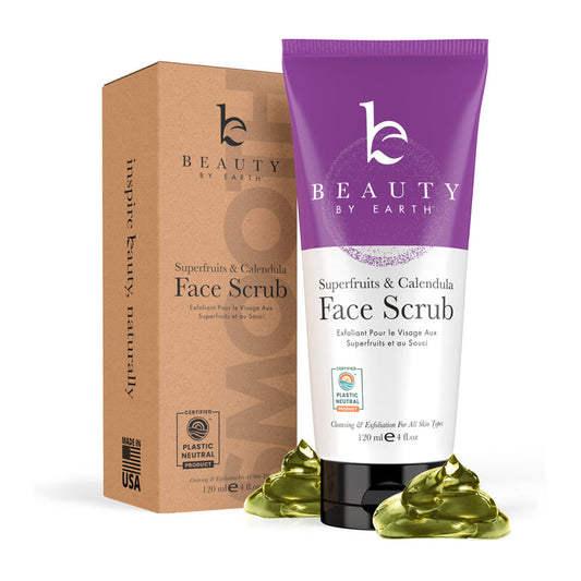 The Beauty by Earth Superfruits & Calendula Facial Scrub comes in a purple and white tube with green scrub at the opening, packaged in a brown box detailing its superfruit and calendula formula. Made in the USA.