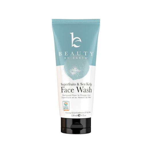 The 120 ml Beauty by Earth Superfruits & Sea Kelp Facial Cleanser features a mint green and white design with labeled text and a natural ingredients certification mark.