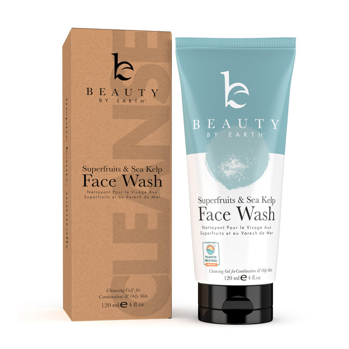 A 120 ml Superfruits & Sea Kelp Facial Cleanser tube from Beauty by Earth, featuring English and French details, sits next to its cardboard packaging. Infused with sea kelp goodness, it ensures a refreshing cleansing experience.