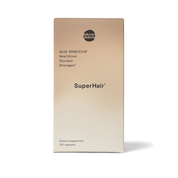 Moon Juice SuperHair - Multivitamin + Hair Magic comes in a cream-colored box with the text HAIR NUTRITION: Healthier Thicker Stronger and is a dietary supplement containing 120 capsules, designed for a transformative journey to healthier hair.