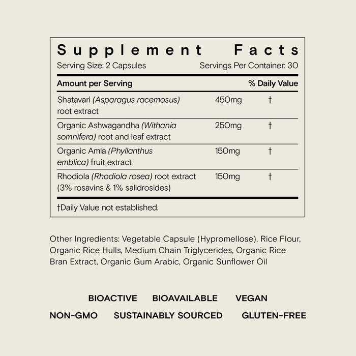 Moon Juices SuperYou supplement features a vegan, non-GMO, and gluten-free formula with Shatavari root extract, Organic Amla fruit extract, and Rhodiola rosea root extract. These bioavailable adaptogens provide effective support for stress management, energy, mood, and focus.