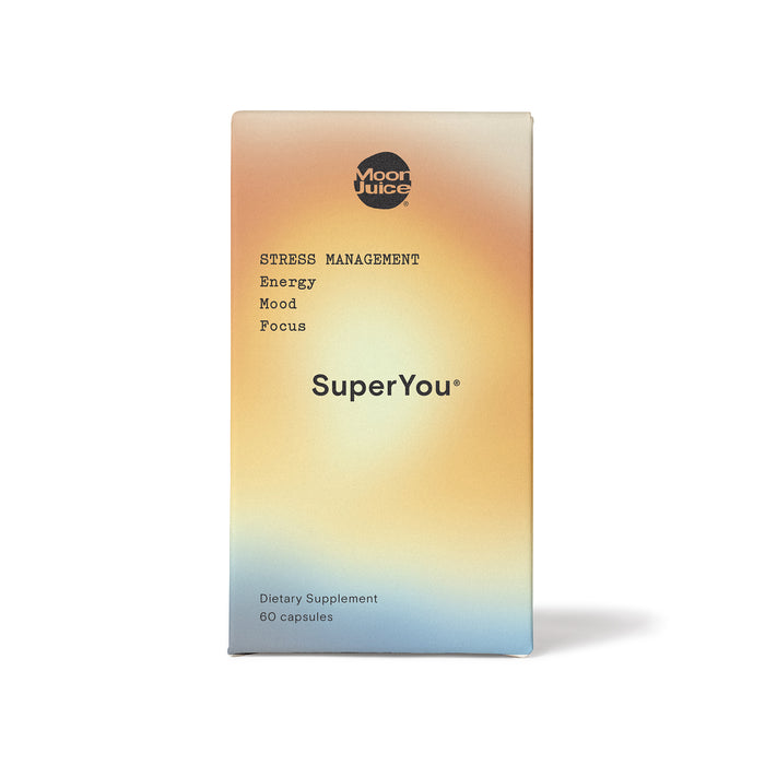 A Moon Juice SuperYou box is set against a gradient backdrop, highlighting stress support and adaptogens for stress management, energy, mood, and focus. It contains 60 capsules for effective cortisol reduction.