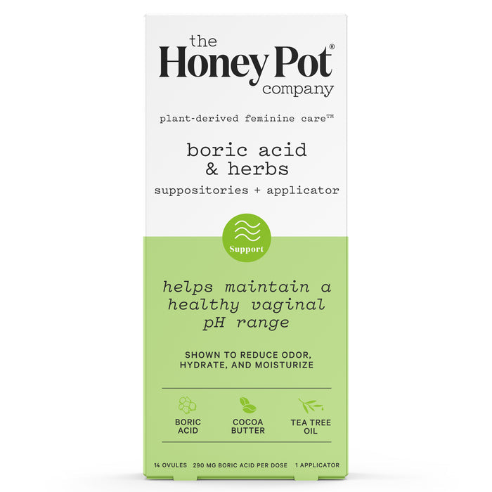 The Honeypot Companys Suppositories + Applicator feature boric acid suppositories with cocoa butter and tea tree oil, designed for feminine care to support vaginal pH balance. The product includes 14 ovules and an applicator for convenience.
