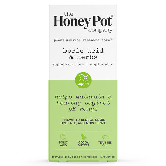 The Honeypot Companys Suppositories + Applicator feature boric acid suppositories with cocoa butter and tea tree oil, designed for feminine care to support vaginal pH balance. The product includes 14 ovules and an applicator for convenience.